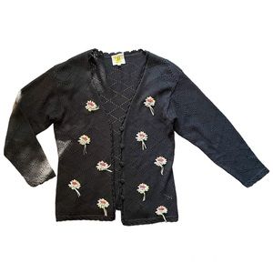 Vtg 90s Susan Bristol Black Sweater Cardigan Floral Bouquet Ribbon Sz Large